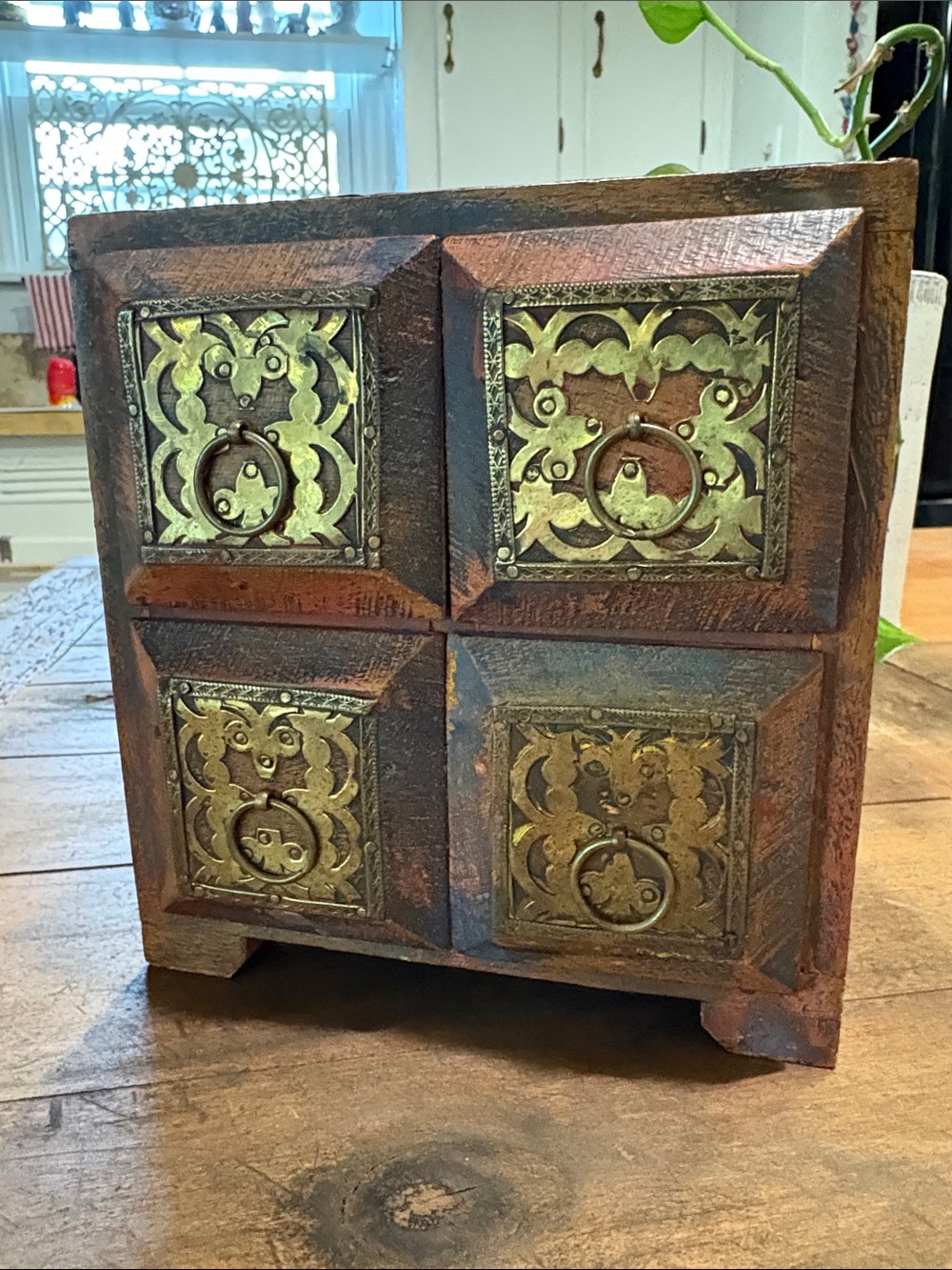 Rustic Wooden Accent Box with Brass Inlay - Brown & Gold